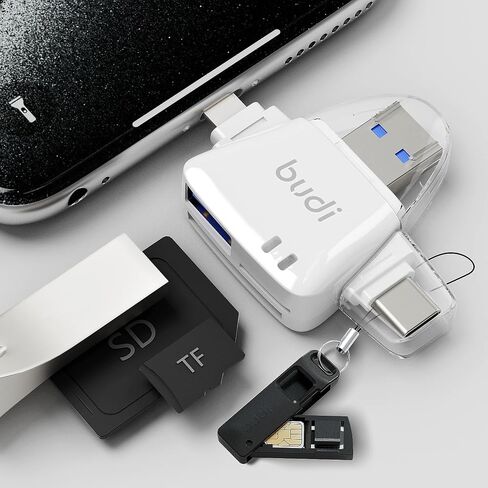 BUDI متعدد المنافذ 6 في 1 قارئ بطاقات SD TF عالمي، قارئ بطاقات ذاكرة USB C/Micro SD/TF، ​​محول متعدد المنافذ، متوافق مع iPhone وMac Book Pro والمزيد من أجهزة USB C (أبيض) in Kuwait