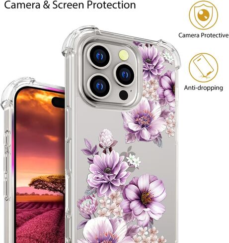 متوافق مع جراب iPhone 16 Pro بتصميم لطيف شفاف للنساء، تصميم جراب هاتف من السيليكون الشفاف (فن خط زهور سوداء) in Saudi Arabia