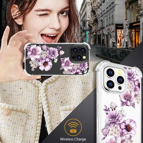 متوافق مع جراب iPhone 16 Pro بتصميم لطيف شفاف للنساء، تصميم جراب هاتف من السيليكون الشفاف (فن خط زهور سوداء) in Saudi Arabia