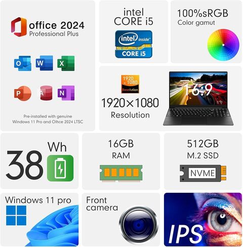 كمبيوتر محمول EYY مقاس 15.6 بوصة بنظام Windows 11 Pro، وأجهزة كمبيوتر محمولة بمعالج Intel Core i5، وذاكرة وصول عشوائي 16 جيجابايت وسعة 512 جيجابايت SSD، وMS Office 2024، وشاشة 15.6 بوصة FHD 100% sRGB 1920 * 1080، وواي فاي ثنائي النطاق، وبلوتوث، ونوع C، وم in Kuwait