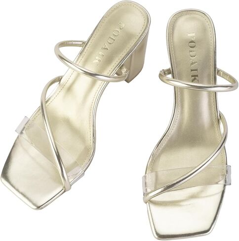 Women's Strappy Heels Clear Straps Chunky Block Mule Heeled Sandals Transparent Open Square Toe Slides Crystal Weding Dress Slippers in Kuwait