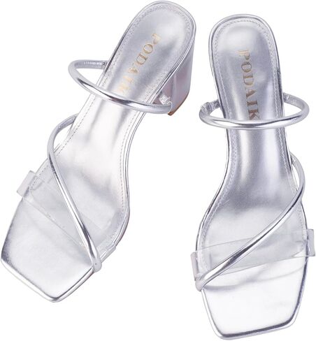Women's Strappy Heels Clear Straps Chunky Block Mule Heeled Sandals Transparent Open Square Toe Slides Crystal Weding Dress Slippers in Kuwait