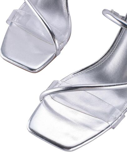 Women's Strappy Heels Clear Straps Chunky Block Mule Heeled Sandals Transparent Open Square Toe Slides Crystal Weding Dress Slippers in Kuwait