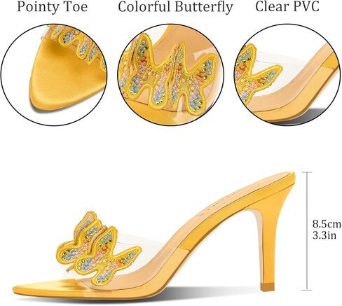 Women's Butterfly Clear High Heels Rhinestone Open Pointed Toe Stiletto Sandals Slip On Transparent Heeled Mules Wedding Dress Shoes in Saudi Arabia