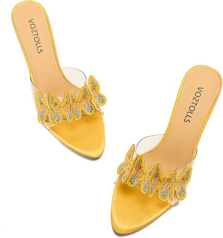 Women's Butterfly Clear High Heels Rhinestone Open Pointed Toe Stiletto Sandals Slip On Transparent Heeled Mules Wedding Dress Shoes in Saudi Arabia