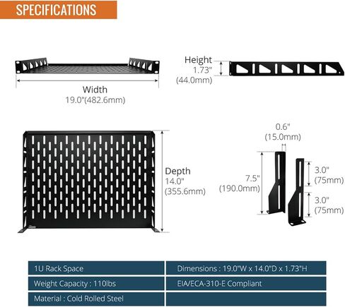 رف رف 1U، رف رف 19 بوصة عمق 14 بوصة، رف تثبيت على الرف مع توقفات مضادة للانزلاق، رف رف الخادم ورف الشبكة لمعدات 19 بوصة، سعة 110 رطل لرف 1U مزود بفتحات تهوية، بدون شفة (عبوتان) in Kuwait