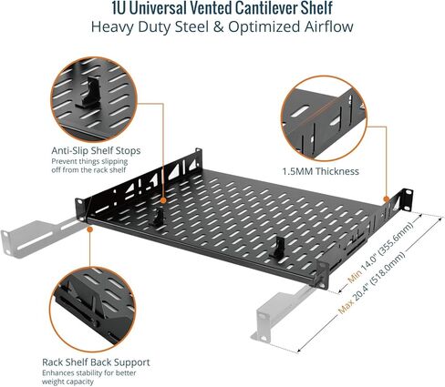 رف رف 1U، رف رف 19 بوصة عمق 14 بوصة، رف تثبيت على الرف مع توقفات مضادة للانزلاق، رف رف الخادم ورف الشبكة لمعدات 19 بوصة، سعة 110 رطل لرف 1U مزود بفتحات تهوية، بدون شفة (عبوتان) in Kuwait