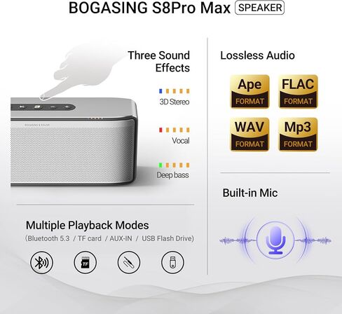 BOGASING S8 Pro Max Bluetooth Speaker, 3-Channel Audio with Lifelike Stereo Sound & Punchy Bass, EQ, DSP Technology, TF-Card, AUX, Built-in Mic, Wireless Portable Speakers for Home, Office (Silver) in Saudi Arabia
