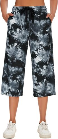 SPECIALMAGIC Women Capri Pants Capri Sweatpants Yoga Cotton Wide Leg Pajama Pants 17-Blue Leaves Waffle Large in Saudi Arabia