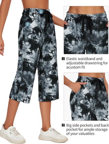 SPECIALMAGIC Women Capri Pants Capri Sweatpants Yoga Cotton Wide Leg Pajama Pants 17-Blue Leaves Waffle Large in Saudi Arabia