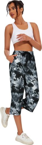 SPECIALMAGIC Women Capri Pants Capri Sweatpants Yoga Cotton Wide Leg Pajama Pants 17-Blue Leaves Waffle Large in Saudi Arabia