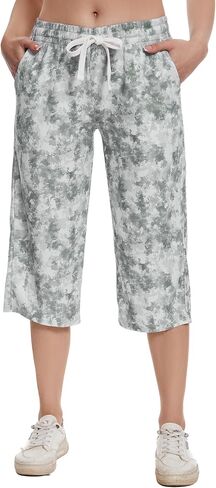 SPECIALMAGIC Women Capri Pants Capri Sweatpants Yoga Cotton Wide Leg Pajama Pants 17-Blue Leaves Waffle Large in Saudi Arabia