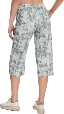 SPECIALMAGIC Women Capri Pants Capri Sweatpants Yoga Cotton Wide Leg Pajama Pants 17-Blue Leaves Waffle Large in Saudi Arabia