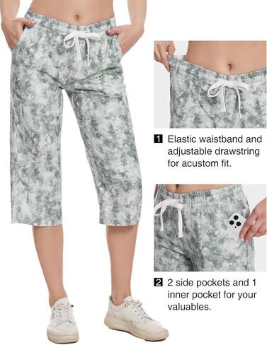 SPECIALMAGIC Women Capri Pants Capri Sweatpants Yoga Cotton Wide Leg Pajama Pants 17-Blue Leaves Waffle Large in Saudi Arabia