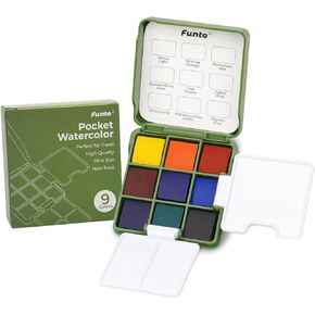 Funto Pockect Watercolor Set, Travel Artist Outdoor Sketch Watercolor Kits with 2 Foldable Watercolor Palettes, Portable Leather Case and Metal Clip, Ideal Gift for Art Lovers