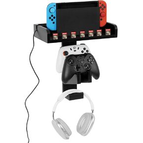 ikkle Wooden Controller and Headset Wall Mount Holder, Controller Holder for PS5 PS4 Switch Xbox Controller Rack, 7 Game Card Slots Controller Storage for 2 Controller Holders & Headset（Black）