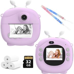 Kids Instant Print Camera, Selfie Camera Christmas Birthday Gifts for Girls Boys, HD Digital Camera for Toddler, Portable Travel Toy for 3 4 5 6 7 8 9 10 Year Old Child, with 32GB SD Card-Purple