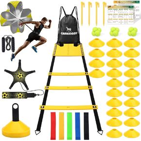 Agility Ladder Speed Training Equipment Set-20ft Footwork Ladder, 12 Soccer Cones, Football Kick Trainer, Running Parachute, Jump Rope, Volleyball Training Equipment for Kids Youth Adults