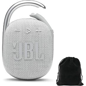 JBL Clip 4 Portable Bluetooth Speaker Bundle with Deluxe CCI Protective Carrying Pouch (White)