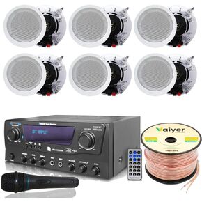 Home Theater System Kit 1000 Watts Bluetooth Receiver w/ 6 Qty 5.25" 175 Watts Each in-Wall in-Ceiling Speakers & 16 Gauge 250 ft. Speaker Wire Portable Microphone w/Remote Control by Technical Pro