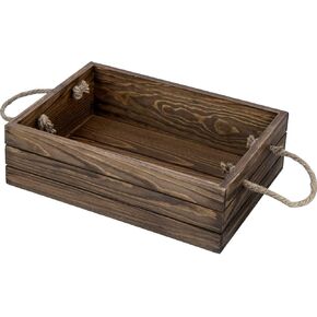 MyGift 15 Inch Large Rustic Brown Solid Wood Decorative Storage Box with Rope Carrying Handles, Country Style Wooden Crate, Farmhouse Pallet Design Open Top Bin