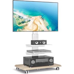 Rfiver Rolling Floor TV Stand with Swivel Mount for 40-75 Inch Flat Screen/Curved TVs, 3-Shelf Heavy Duty Portable Mobile TV Cart with Wheels, Black Universal Tall TV Mount Trolley for Home and Office
