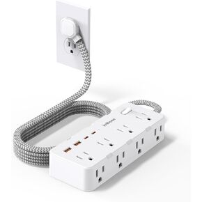 Power Strip Surge Protector - Multi Plug Outlet Adapter with 8 Widely Outlets & 4 USB Ports (2 USB-C), 5FT Extension Cord 45 ° Ultra Thin Flat Plug, Wall Mount for Office Travel Dorm and More