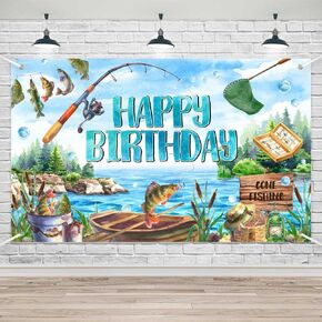 Lofaris Gone Fishing Banner Backdrop Fishig Theme Decorations for Boys Birthday Happy First Birthday Party Photo Booth Props Background 70.8x43.3(inch)