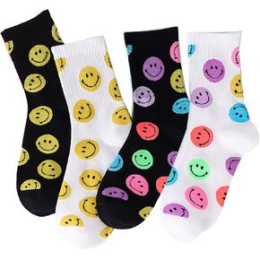 Smiley Face Embroidered Crew Socks Candy Color Boot Sock Cute Graphic Dress Socks for Women, Ladies, Girls
