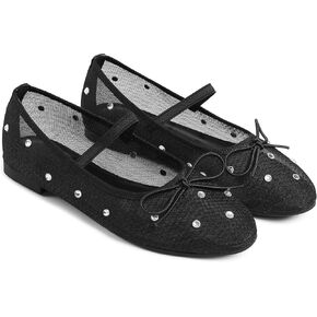 Ballet Flats for Women Mesh Shoes Bow Style Rhinestone Women's Flats Fashion Dressy Round Toe Summer Ballerina Flats Stretch Strap Mary Jane Flats Comfy Trendy