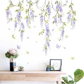 Hanging Flower Vine Wall Decals Purple Wisteria Floral Vine Leaves Wall Stickers Peel and Stick Wall Art Decor for Living Room Bedroom Sofa TV Background Wall Decor
