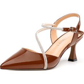 Women's Pumps, Pointed Toe Mid Heel with Buckle Ankle Strap, Fashion Solid Rhinestones Backstrap Pump for Women