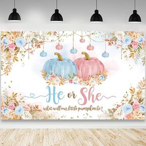 Pumpkin Gender Reveal Backdrop He or She What Will Our Little Pumpkin Be Photography Background Blue Pink Pumpkin Floral Fall Gender Reveal Party Decorations Photo Booth Props 70.8 x 43.3 inch