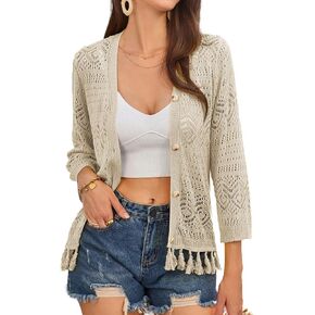 GRACE KARIN Women's Tassel Hem Hollowed Out Crochet Knit Boho Fringe Cardigan Sweater Top Gray Blue M