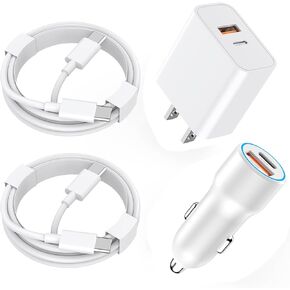 USB C Car Charger Compatible with iPhone 16/16 Plus/16 Pro/16 Pro Max/15/15 Plus/15 Pro/15 Pro Max, 38W Dual Port USB C Fast Car Charger + 20W Dual Port USB C Wall Charger + 2 Pack 3FT USB C to C Cord