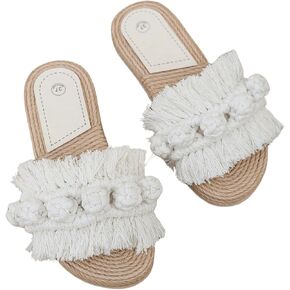 GORGLITTER Women's Boho Tassel Flats Sandal Dressy Fringe Knot Open Toe Slip on Slides Sandals