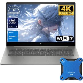 HP Newest Envy 17.3" 4K Ultra 7 Laptop, 17.3" 4K UHD 3840 * 2160 Display, Intel Core Ultra 7 155H, 32GB DDR5 RAM, 2TB SSD, HDMI, Webcam, Backlit KB, Wi-Fi 7, W11H, Grey, Adata 512 External SSD Bundle