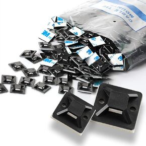 100 PCS Zip Tie Mounts, Self Adhesive Cable Tie Holders, 3M Strongly Adhesive-Backed, 3/4in Black Wire Tie Base Holder with Screw Hole, 19.5mm x 19.5mm Squares, Cable Clips Management Anchors