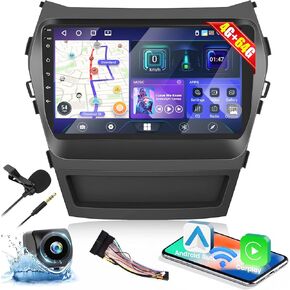 Hikity 4+64G for Hyundai Santa Fe IX45 2013-2017 Android Car Stereo with 9 Inch Touch Screen, Carplay Android Auto Radio with GPS Navigation/Mirror Link/Hi-Fi/Bluetooth+AHD Backup Camera