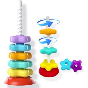 Baby Spinning Stacker Toys for Toddlers 1-3, Stacking Rings Montessori Toys for Babies 6-12 Months, Spinning Rainbow Tower Learning Sensory Autism Brain Spin Again Toy One Year Old Boy Girl