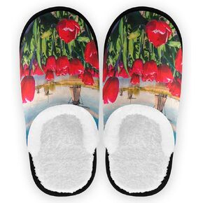 visesunny Dutch Windmill Red Tulip On The Netherlands Canals Cozy Fuzzy Womens Memory Foam House Slippers Plush Fleece Indoor Outdoor Slipper