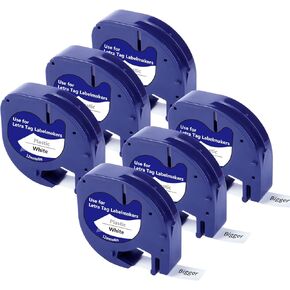 BIGGER Compatible Label Tapes Replacement for Dymo LetraTag Refills, 91331, 12mm x 4m, 1/2 x 13, Plastic, Black Print on White, used with Dymo LetraTag LT-100T LT-100H, 6 Packs