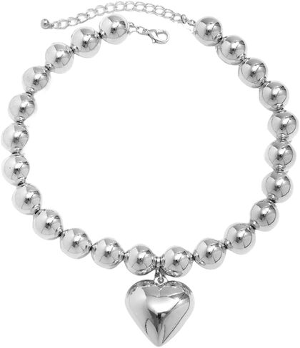 Y2k Beaded Chain Link Necklace Puffy Heart Charm,Layered Fake Pearl Beads Necklace Heart-shaped Pendant Chunky Chain Necklace Vintage Statement Fashion Jewelry for Women Girls in Saudi Arabia