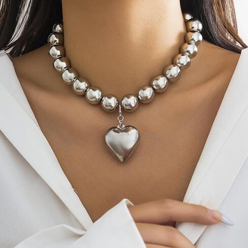 Y2k Beaded Chain Link Necklace Puffy Heart Charm,Layered Fake Pearl Beads Necklace Heart-shaped Pendant Chunky Chain Necklace Vintage Statement Fashion Jewelry for Women Girls in Saudi Arabia