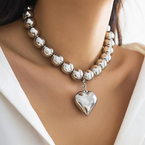 Y2k Beaded Chain Link Necklace Puffy Heart Charm,Layered Fake Pearl Beads Necklace Heart-shaped Pendant Chunky Chain Necklace Vintage Statement Fashion Jewelry for Women Girls in Saudi Arabia