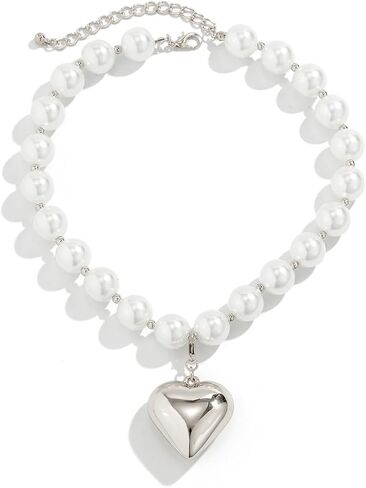 Y2k Beaded Chain Link Necklace Puffy Heart Charm,Layered Fake Pearl Beads Necklace Heart-shaped Pendant Chunky Chain Necklace Vintage Statement Fashion Jewelry for Women Girls in Saudi Arabia
