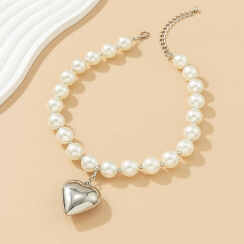 Y2k Beaded Chain Link Necklace Puffy Heart Charm,Layered Fake Pearl Beads Necklace Heart-shaped Pendant Chunky Chain Necklace Vintage Statement Fashion Jewelry for Women Girls in Saudi Arabia