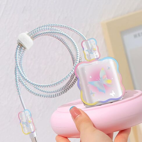 واقي كابل لطيف DIY لشاحن iPhone، تصميم فراشة لامعة، كابل بيانات موجات USB شاحن خط بيانات سلك موفر شاحن الهاتف متوافق مع iPhone 11 12 13 14 Pro Max Plus XS in Saudi Arabia