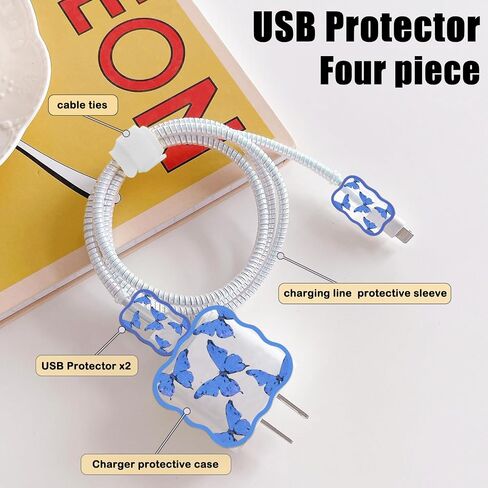 واقي كابل لطيف DIY لشاحن iPhone، تصميم فراشة لامعة، كابل بيانات موجات USB شاحن خط بيانات سلك موفر شاحن الهاتف متوافق مع iPhone 11 12 13 14 Pro Max Plus XS in Saudi Arabia