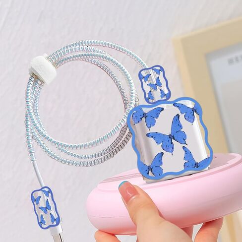 واقي كابل لطيف DIY لشاحن iPhone، تصميم فراشة لامعة، كابل بيانات موجات USB شاحن خط بيانات سلك موفر شاحن الهاتف متوافق مع iPhone 11 12 13 14 Pro Max Plus XS in Saudi Arabia